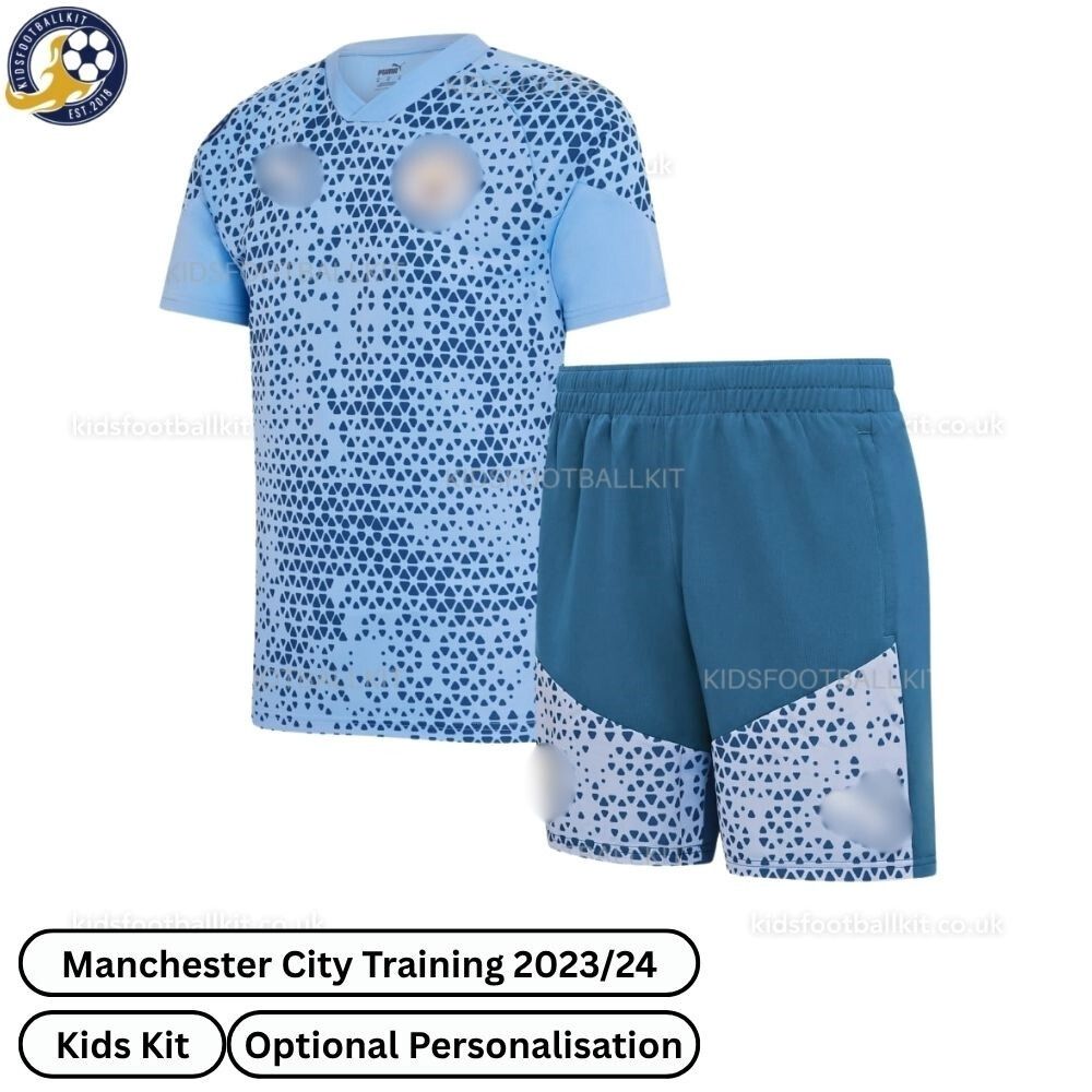 Manchester City Training Kids Football Kit 2023/24 (No Socks) – Blue