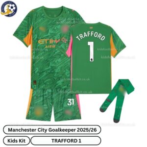 Manchester City goalkeeper kids football kit 25_26-TRAFFORD 1-over view-green-blur