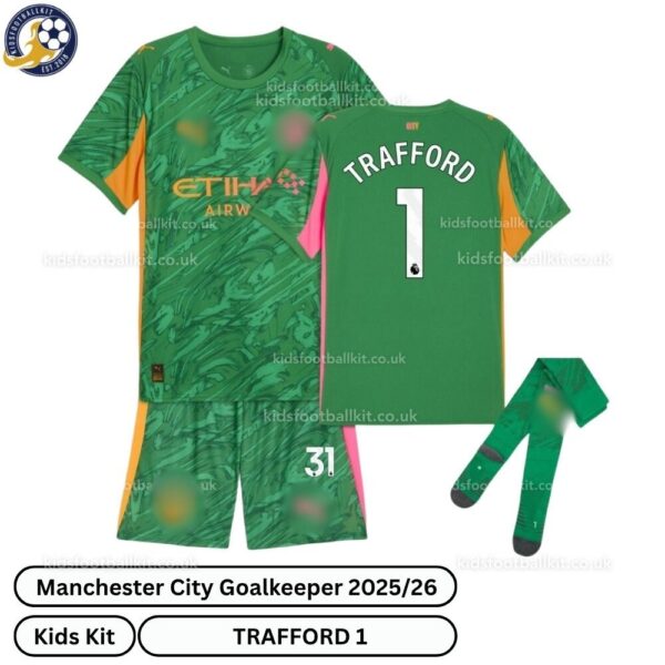 Manchester City goalkeeper kids football kit 25_26-TRAFFORD 1-over view-green-blur