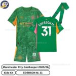 Manchester city goalkeeper kids football kit 25_26-EDERSON M. 31-over view-green-blur