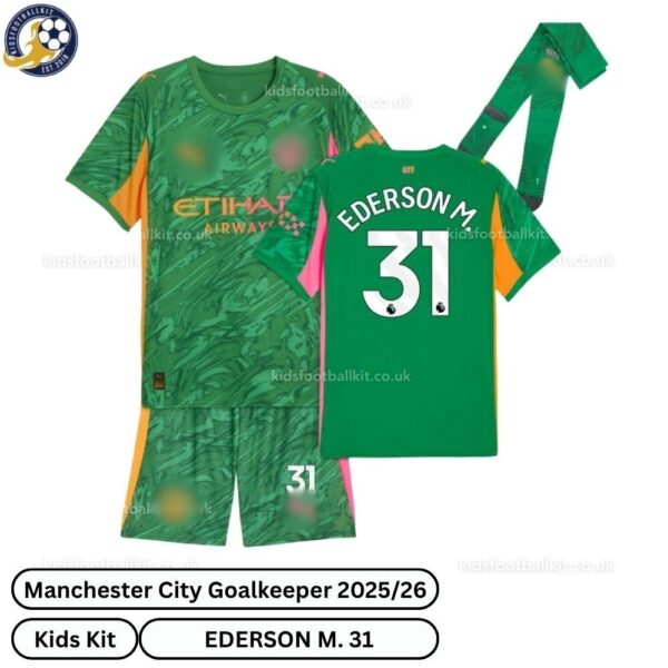 Manchester city goalkeeper kids football kit 25_26-EDERSON M. 31-over view-green-blur