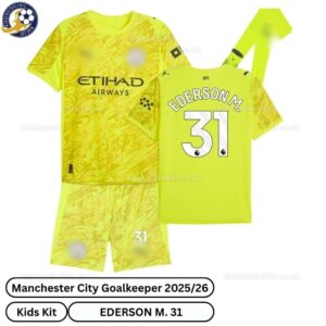 Manchester city goalkeeper kids football kit 25_26-EDERSON M. 31-over view-yellow-blur