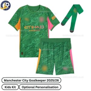Manchester city goalkeeper kids football kit 25_26-over view-green-blur