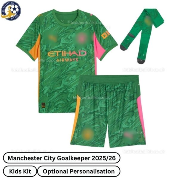 Manchester city goalkeeper kids football kit 25_26-over view-green-blur