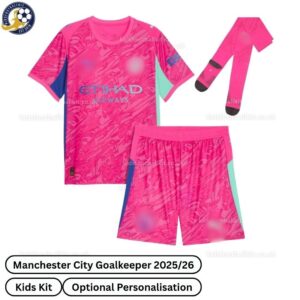 Manchester city goalkeeper kids football kit 25_26-over view-pink-blur