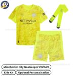 Manchester city goalkeeper kids football kit 25_26-over view-yellow-blur
