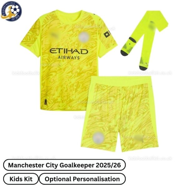 Manchester city goalkeeper kids football kit 25_26-over view-yellow-blur