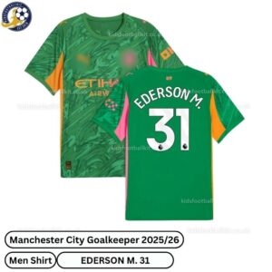 Manchester city goalkeeper men football shirt 25_26-EDERSON M. 31-over view-green-blur