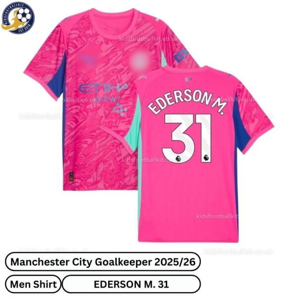 Manchester city goalkeeper men football shirt 25_26-EDERSON M. 31-over view-pink-blur