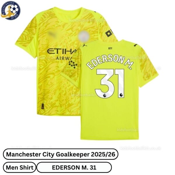 Manchester city goalkeeper men football shirt 25_26-EDERSON M. 31-over view-yellow-blur