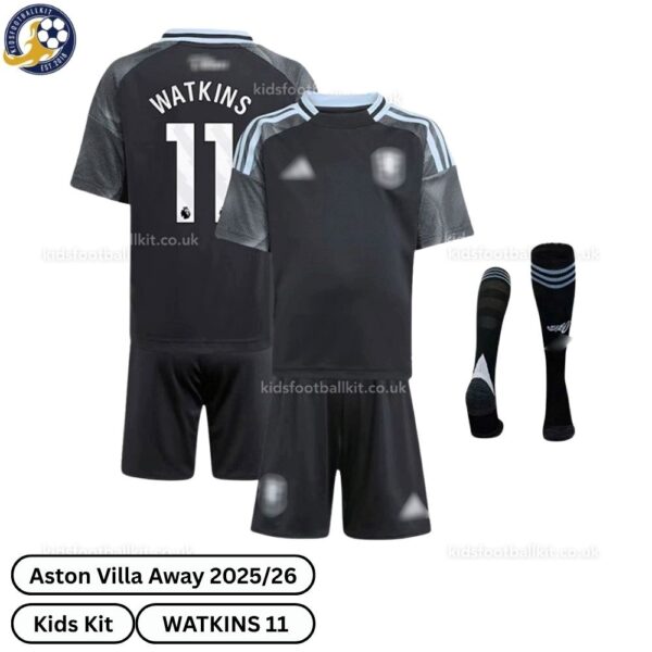 Aston Villa WATKINS 11 Away Kids Football Kit 2025/26 (With Socks) - Over View - TAG