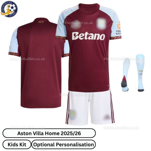 Aston Villa Home Kids Football Kit 202526 over view With Socks