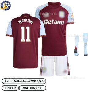 Aston Villa Home Kids Football Kit 202526 – WATKINS 11- over view With Socks