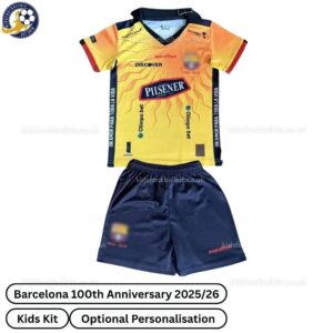 Barcelona 25/26 100th Anniversary Kids Football Kit - Front View - TAG
