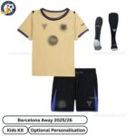 Barcelona Away Kids Football Kit 25_26-front view with socks (TAG)