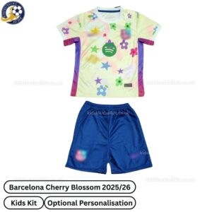 Barcelona 25/26 Cherry Blossom Kids Football Kit - Front View - TAG