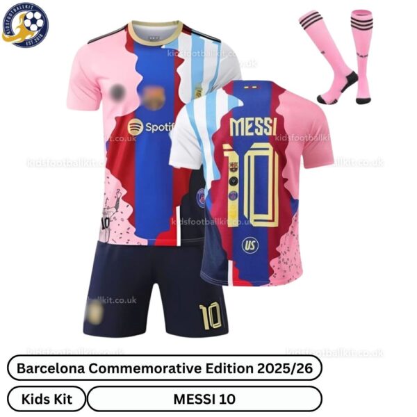 Barcelona Commemorative Edition Kids Football Kit 2025_26 - MESSI 10 - over view with socks - TAG