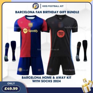 Barcelona Christmas Gift Bundle – Home & Away Kids Football Kit 2024/25 (Fan Version)