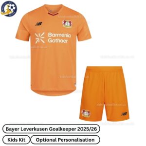 Bayer Leverkusen Goalkeeper Kids Football Kit 2025_26-front view WITH TAG