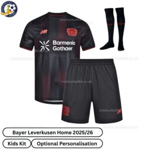Leverkusen Home Kids Football Kit 25_26-front view with socks (TAG)