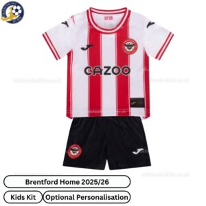 Brentford Home Kids Football Kit 25_26-front view WITH TAG