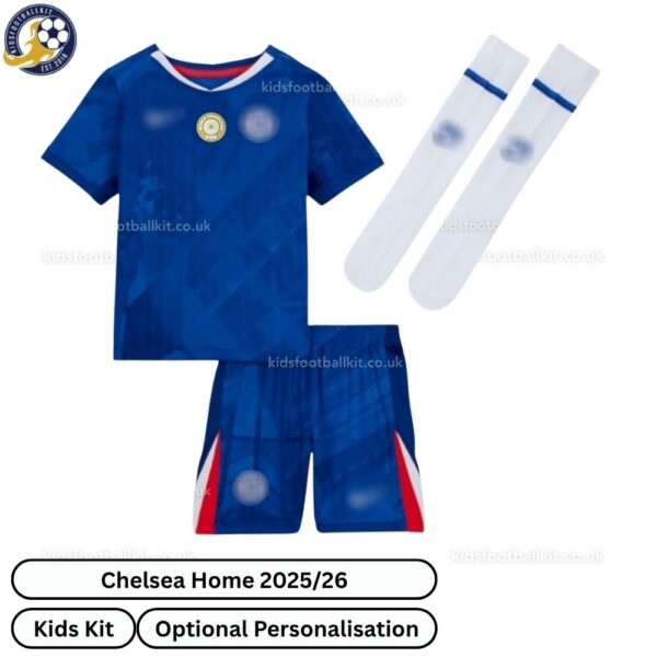 Chelsea Home Kids Football Kit 202526 (With Socks) - Front View - TAG