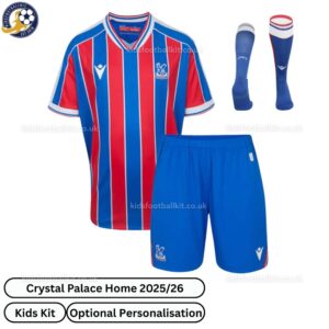 Crystal Palace Home Kids Football Kit 25_26- front view with socks