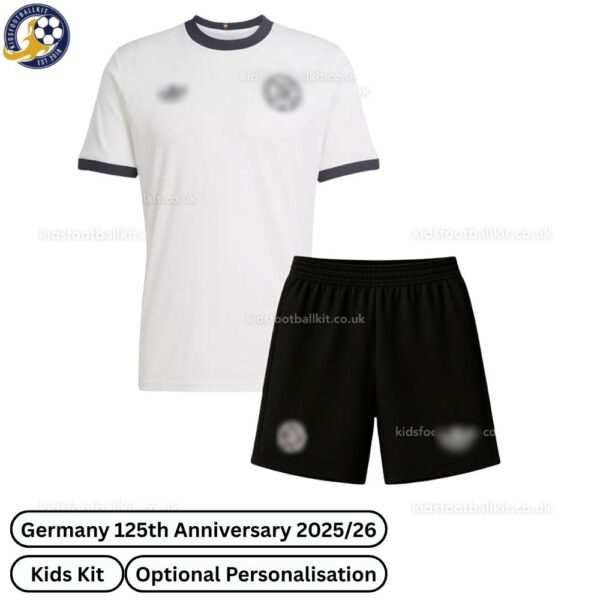 Germany White 125th Anniversary Kids Football Kit 2025/26 - Front View - TAG