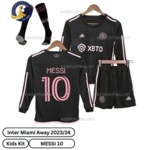 Inter Miami Away Kids Kit Long Sleeve - Front Shirt View With Socks - MESSI 10 - TAG