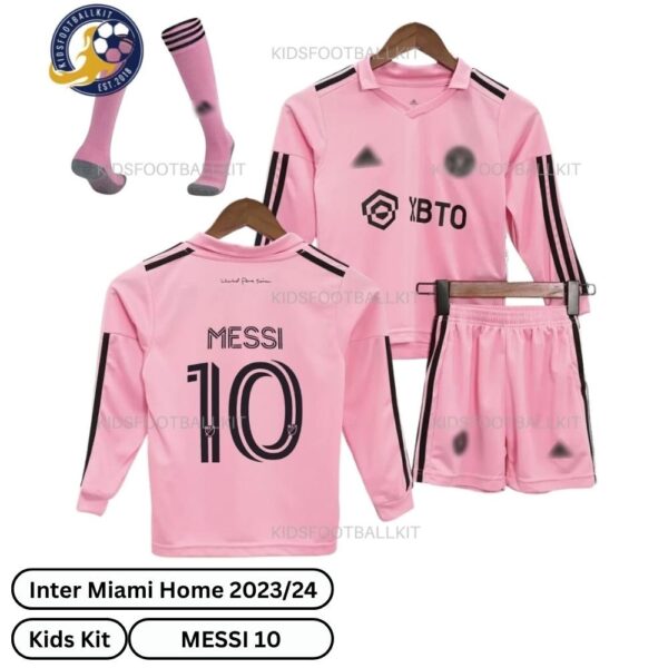 Inter Miami Home Kids Football Kit 2023/24 Long Sleeve With Socks - Front View - TAG