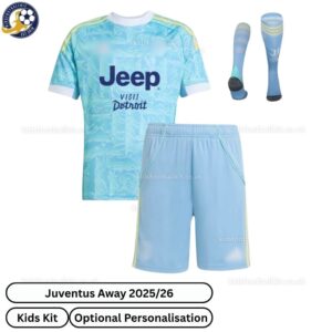 Juventus Away Kids Football Kit 2025_26 - front view with socks - TAG