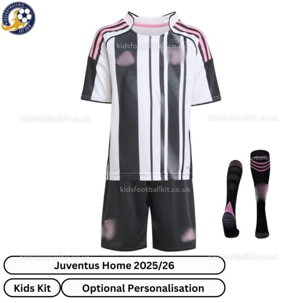 Juventus Home Kids Football Kit 25_26-front view with socks