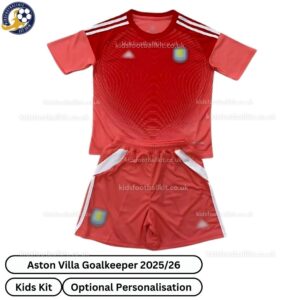 Aston Villa Red Goalkeeper Kids Football Kit 2025/26 - Front View WITH TAG