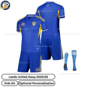 Leeds United Away Kids Football Kit 25_26-over view with socks (TAG)