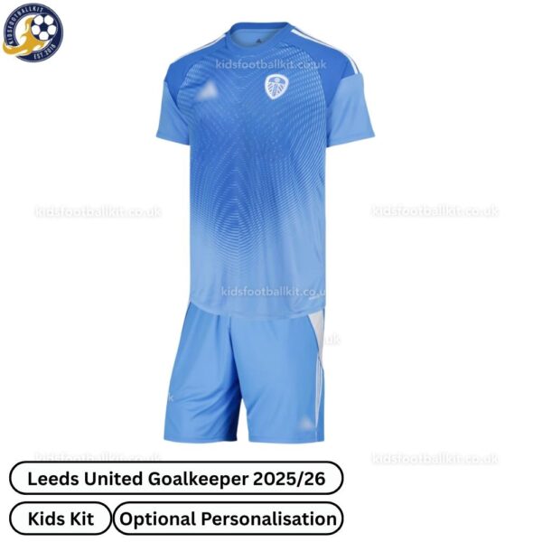 Leeds United Goalkeeper Kids Football Kit 2025/26 - Front View WITH TAG