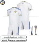 Leeds United Home Kids Football Kit 25_26-over view with socks (TAG)