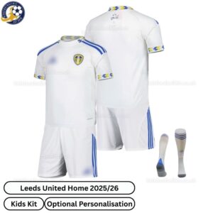 Leeds United Home Kids Football Kit 25_26-over view with socks (TAG)