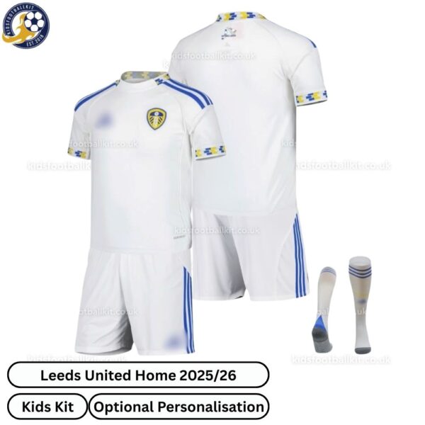 Leeds United Home Kids Football Kit 25_26-over view with socks (TAG)