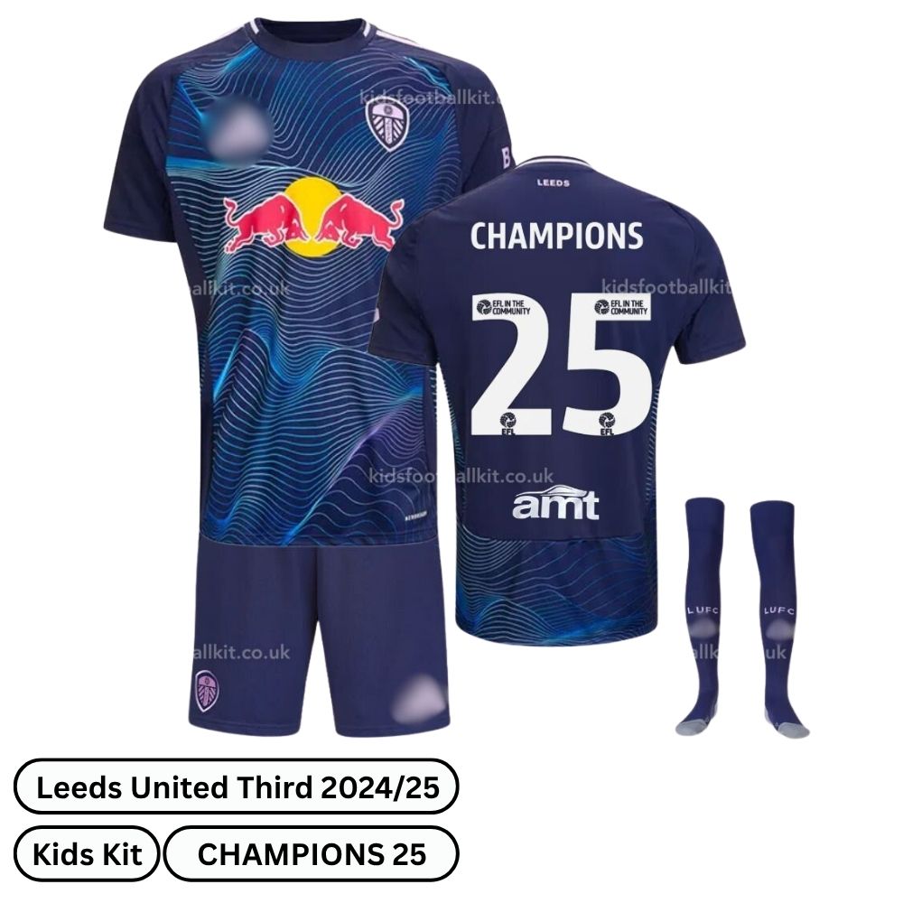 Leeds United Champions 25 Third Kids Football Kit 2024/25