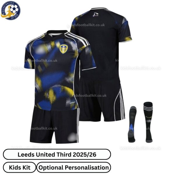 Leeds United Third Kids Football Kit 25_26-over view with socks (TAG)
