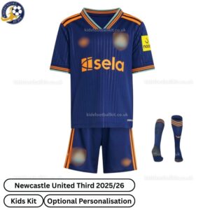 Newcastle Third Kids Football Kit 25_26 -front view with socks (TAG)
