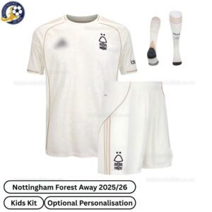 Nottingham Forest Away Kids Football Kit 25_26-front view with socks - TAG