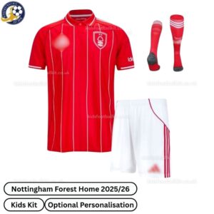 Nottingham Forest Home Kids Football Kit 25_26-front view with socks - TAG