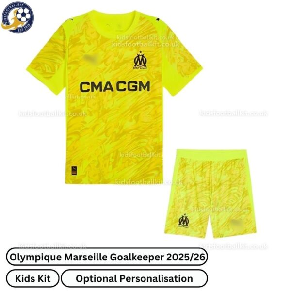 Olympique Marseille Goalkeeper Kids Football Kit 2025_26 (No Socks) – Yellow-front view-b