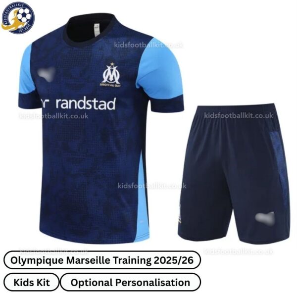 Olympique Marseille Training Kids Football Kit 2025_26 (No socks) – Blue-front view-b