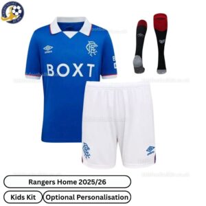 Rangers Home Kids Football Kit 2025/26 (With Socks) - Front View - TAG