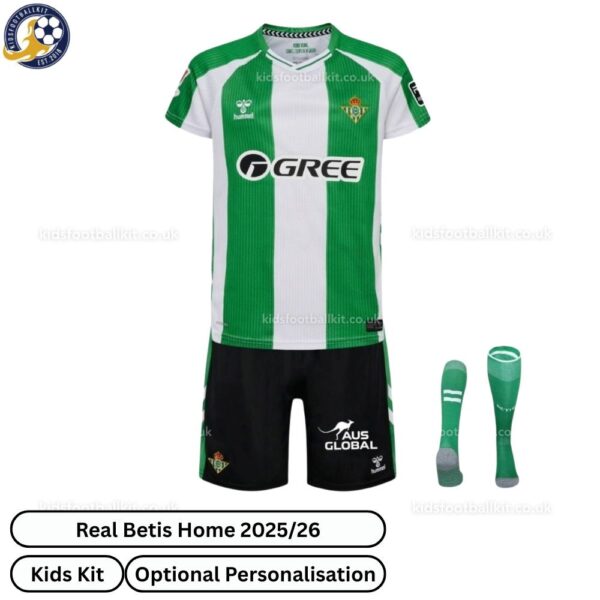 Real Betis Home Kids Football Kit 25_26-front view with socks (TAG)