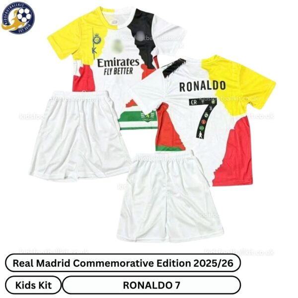 Real Madrid Commemorative Edition Kids Football Kit 202526 - RONALDO 7 - over view - TAG