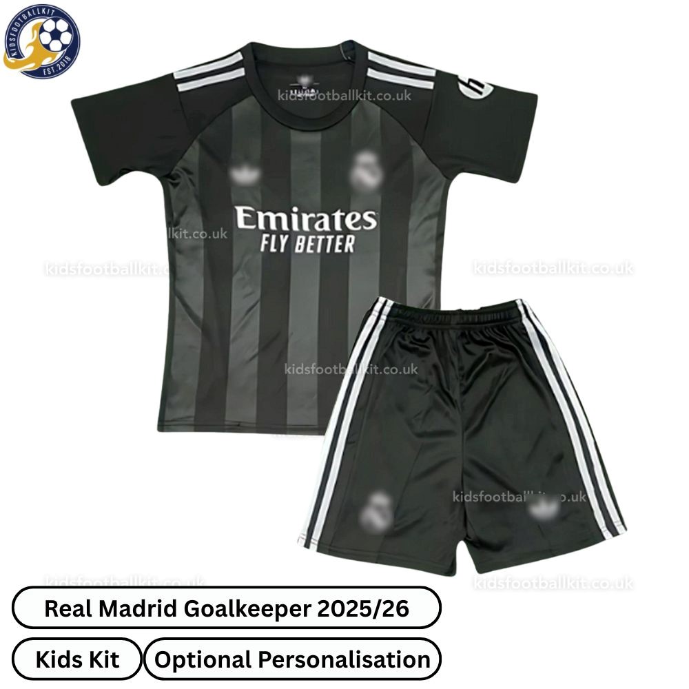 Real Madrid Goalkeeper Kids Football Kit 2025/26 (No Socks) – Black