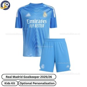 Real Madrid Blue Goalkeeper Kids Football Kit 2025/26 - Front View - TAG